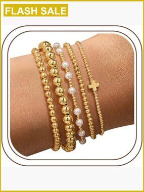 14K Gold Plated Stackable Beaded Bracelets Set, 5PCS Stretch